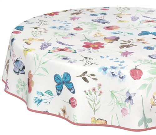 Wachstuchtischdecke Tischdecke abwaschbar Wachstischdecke pflegeleicht wasserabweisend Lotuseffekt Gartentischdecke Schmetterlinge Rund 140 cm mit Saum (Eingefasst)