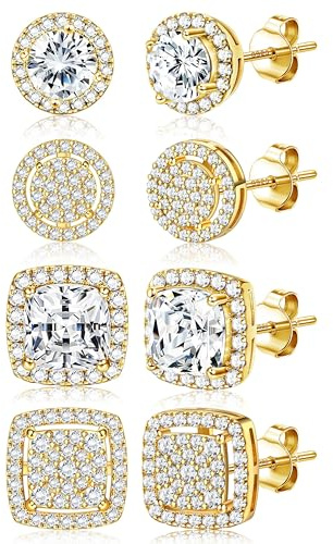 Dochais 4 Paires Boucles d'Oreilles Argent 925 Homme Femme Hypoallergéniques Lot Boucles d'Oreilles Zircon Cubique Plaqué Or 14K Ronde Carrée Brillant Grand Diamant Boucle d Oreilles Femmes Hommes