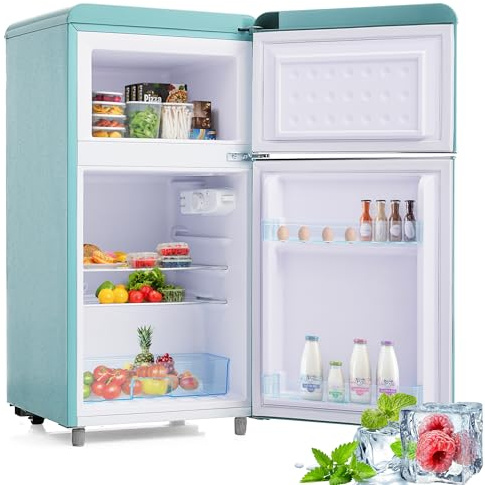 kozamas Frigorifero retrò a doppia porta con congelatore in turchese (ciano) – 72 litri di volume totale (congelatore da 21 litri) – Classe di efficienza energetica E & funzionamento extra silenzioso
