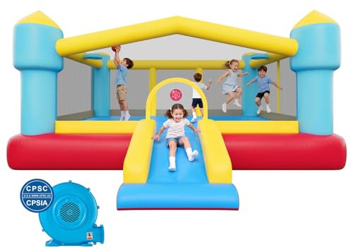 VEVOR Inflatable Bounce House, 14.7 x 13.8 x 6.8 ft Jumping Bouncy Castle, Inflatable Jumper for Kids with Slide, Basketball Hoop, Target Game & Jumping Area, Jumpings House Holds 3-4 Kids (Ages 3-8)