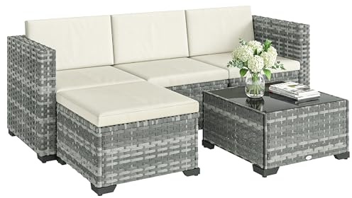 Outsunny Polyrattan Gartenmöbel Set 5-teilig, Lounge Set mit Ecksofa Hocker Tisch Sitz- & Rückenkissen, Rattan Sitzgruppe bis 4 Personen, Lounge Möbel Outdoor Grau+Cremeweiß