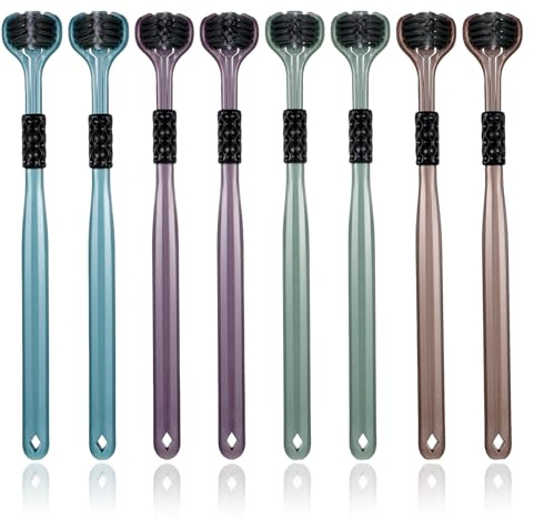 SULIKJHUI 8 cepillos de dientes de 3 caras, cepillo de dientes con cerdas suaves, limpieza de 360° y mango ergonómico, juego de cuidado dental para niños y adultos, apto para viajes (azul, marrón