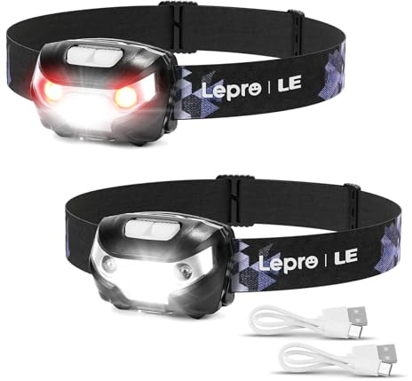 Lepro Linterna Frontal LED USB Recargable, 5 Modos con Luz Rojo, Pack de 2