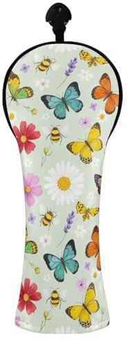 Copritesta per mazze da golf, vintage, floreale, farfalla, verde, con etichette intercambiabili, per conducente, in legno ibrido, per uomini e donne, in pelle PU