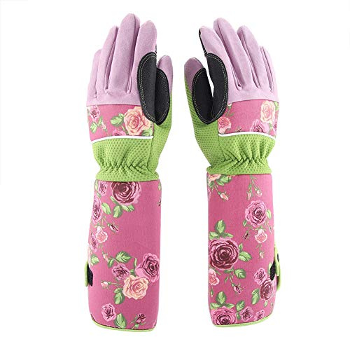 Langarm-Rosengartenhandschuhe mit Stachelschutz aus Leder und extra langem Unterarmschaft, verstärkte Handflächen und Fingerspitzen für dornensichere Gartenarbeit in Rosa