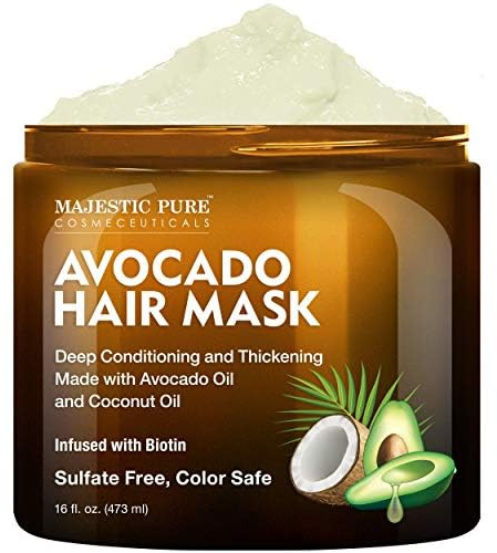 Majestic Pure Avocado and Coconut Hair Mask for Dry Damaged Hair - Infused with Biotin - Deep Conditioning, Hair Thickening, for Healthy Hydrated Hair, Sulfate Free, 16 fl oz
