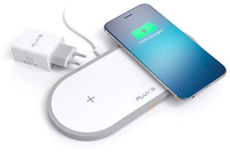 FLUX'S Cargador Inalambrico Doble, Carga Rapida Wireless Dual por Inducción 5W / 7.5 W / 10 W, Qi Fast Charger, Incluye Adaptador de Corriente, para iPhone11/11Pro/XR/Xs Max/X/8/Airpods 2 Galaxy