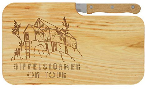 LASERHELD Wooden Bread Board with Engraving Gipfelstürmer on Tour and Knife, 26 x 15 cm, Breakfast Board, Wooden Chopping Board, Snack Board, Gift for Hikers and Mountain Lovers for Father's Day