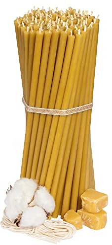 Diveevo - Candele di cera d'api rituali, 100 pezzi, L 20,5 cm, ø 6,6 mm, durata 80 min, naturale, senza gocciolamento, senza fumo
