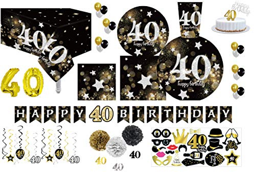 Serves 30 | Ultimate 40th Party Pack | Happy 40th Birthday | 9 Dinner Paper Plates | 7 Dessert Paper Plates | 12 oz Cups | 3 Ply Lunch & Beverage Napkins | Swirls | Cake Topper | Numerical Candle