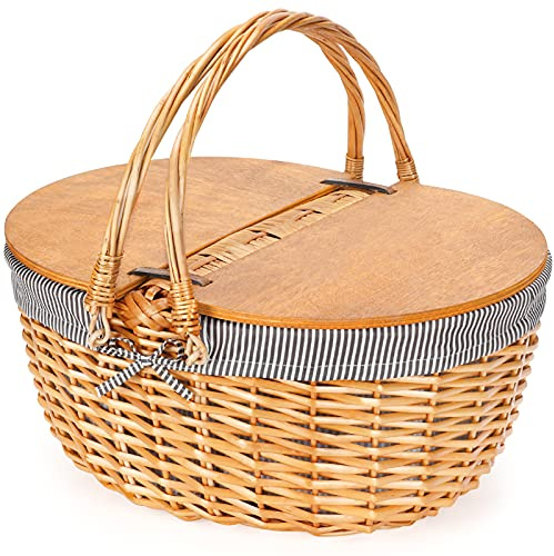 ZORMY Picknickkorb aus Weidengeflecht mit Einlage, Holz geteilter Deckel, Vintage-Stil, Grau, für Picknick, Camping, Erntedankfest, Geburtstag