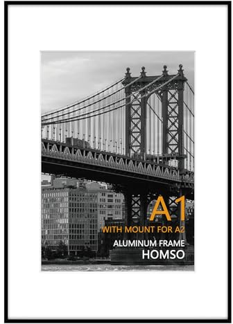 Homso A1 Poster Frame in Black, Metal Thin Board A1 Frame with Acrylic Plexiglass for Pictures A2 with Mat or 23.4x33.1 without Mat for Horizontal and Vertical