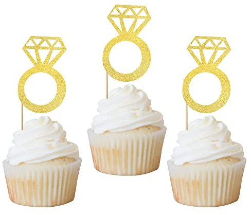 Rsstarxi 24 Stück Diamant Ring Cupcake Topper Gold Glitter Diamant Ehering Cupcake Picks für Hochzeit Verlobung Jahrestag Valentinstag Party Kuchen Dekorationen Zubehör
