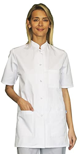 Tunique Blanche médicale Femme Encolure Officier Manches Courtes + 3 Poches Blouse médicale avec Fermeture 5 Boutons Pressions (as4, Alpha, x_l, Regular, Regular, XL)