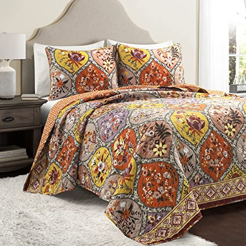 Lush Decor Bohemian Flower Reversible Cotton Quilt Queen Size 3 Piece Set Full/Queen Tangerine & Lilac - Floral Bedding Set Queen Quilt - Boho Bedding