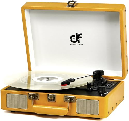 Vintage Record Player with Bluetooth 3-Speed Portable Suitcase Vinyl Record Player with Speakers, USB/SD Card Recording, RCA, AUX-in, Headphone Jack, Retro Turntable Yellow