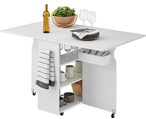 Best Choice Products Folding Dining Table, Multipurpose Space Saving Collapsible Drop Leaf Extension Desk w/Wheels, 3 Storage Shelves - White