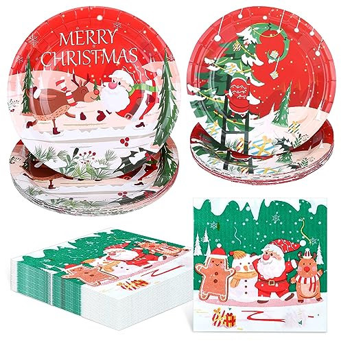 Kesote 24 Sets Christmas Paper Napkins and Plates Christmas Dishes Set Serve for 24 Guests Xmas Party Tableware