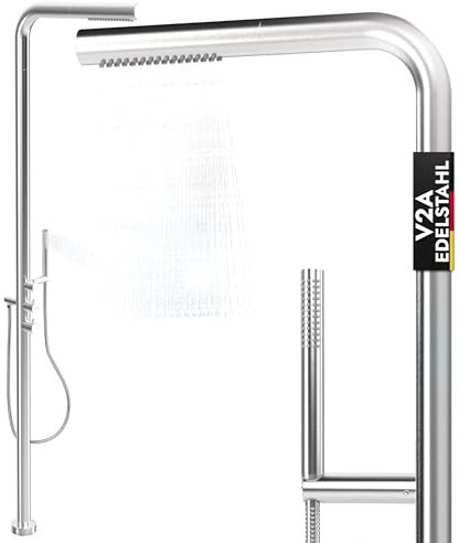 LAWA Living And Lifestyle Doccia Esterna da Giardino V2A in Acciaio Inox, Calda Fredda con doccetta per Sauna per Acqua Calda e Fredda per Piscina e Giardino