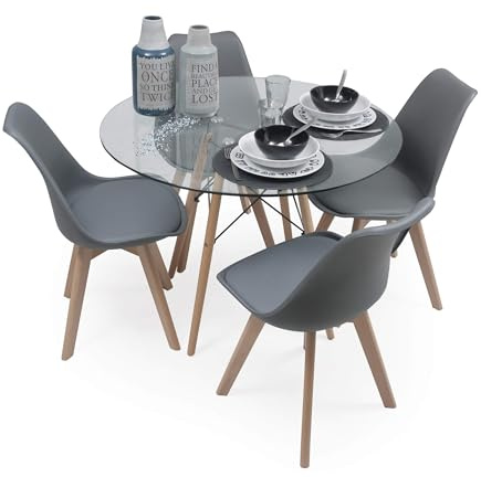 Homely - Conjunto de Comedor Tower 90 Day Cristal Mesa de Cristal Redonda de 90 cm y 4 sillas Day (Gris Oscuro)