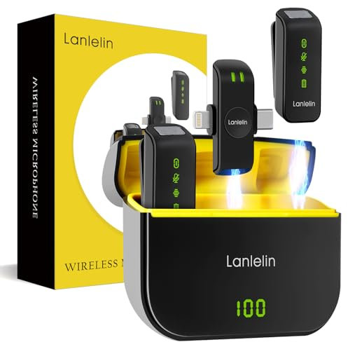 Lanlelin Wireless Lavalier Microphone for iPhone Android, Noise Cancelling Lapel Mic with Charging Case, Plug and Play Clip on Mini Microphone, Ultra-far Transmission for Smartphone/Camera/PC/Laptop.