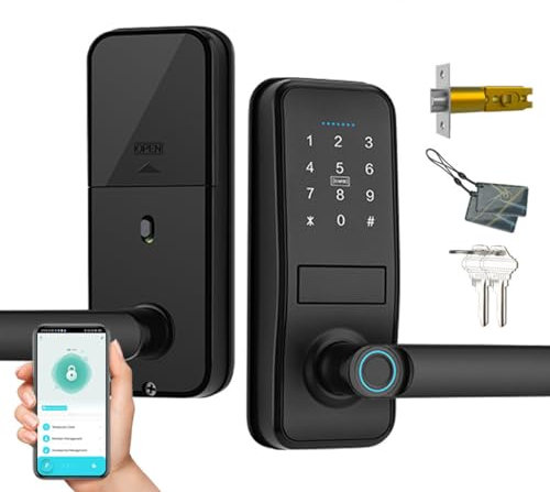 Smart Lock, Keyless Entry Door Lock with Sleek Matte Black Handle, Electronic Keypad Deadbolt, Fingerprint & Touchscreen Keypad, Biometric Door Lock, Bluetooth Smart Lock for Front Door
