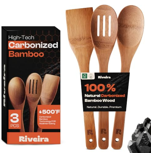 Riveira Dark Bamboo Wooden Spoons for Cooking 3-Piece, Apartment Essentials Wood Spatula Spoon Nonstick Kitchen Utensil Set Premium Quality Housewarming Gifts for Everyday Use