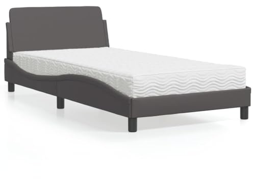 IKAYAA Boxspringbett 100x200 cm mit Matratze und Lattenrost, Polsterbett, Kopfteil Kunstleder-Grau