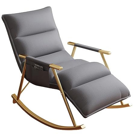 Moderner grauer Ledersessel mit verstellbarer Rückenlehne und Fußstütze, ergonomischer Loungesessel mit Aufbewahrungstasche, stilvoller gepolsterter Schaukelstuhl für Wohnzimmer (schwarzes Gestell