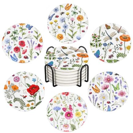 Drink Coasters for Drinks Set of 6, Summer Botanical Plants Insects Flowers Absorbent Round Ceramic Stone Mat Coaster, with Cork Base and Metal Holder, Home Bar Decor House Warming Gift