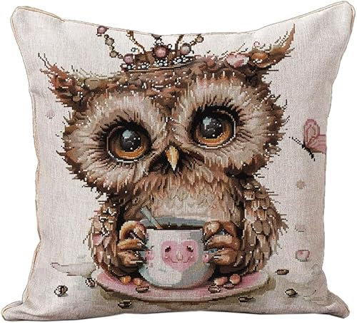 AxiangziK DIY Kreuzstichkissen,Süße Eule trinkt Kaffee,Stickset,Kissenbezug,Stickset Anfänger Bastelsets für Erwachsene,Stickkissen,Handstickerei,45x45cm