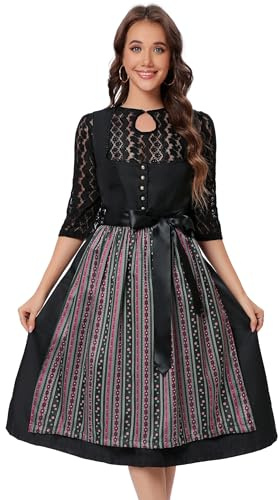 KOJOOIN Dirndl Damen Midi Trachtenkleid mit 3 Teilig Trachtenrock Dirndlbluse Dirndlschürze für Oktoberfest Dirndlkleid Schwarz(Verpackung MEHRWEG)