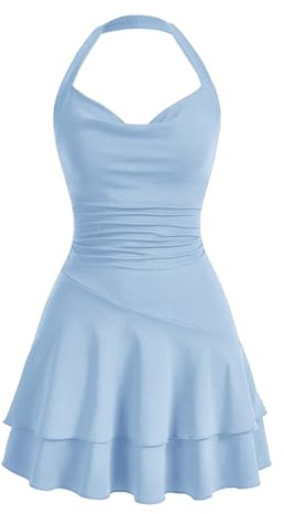 SweatyRocks Mini abito da donna linea A, abito con volant, senza maniche, multistrato, per il tempo libero, Azzurro, XS