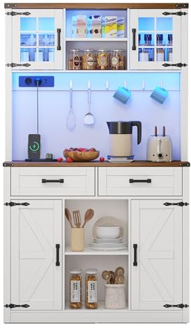 Azkoeesy Hochschrank mit LED-Beleuchtung und Arbeitsplatte, 100x40x172 cm, weiß, Küchenschrank mit Steckdose, Glastüren, Haken, Schwarze Griffe, Sideboard/Buffet/Bücherschrank/Barschrank