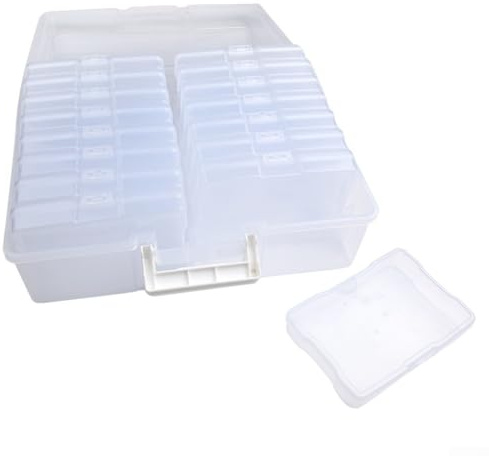 ZiStarlilife Juego de 16 cajas de almacenamiento de fotos para fotos de 4 x 6, mango de suministros de manualidades, diseño de hebilla de material PP transparente, organizador de suministros de