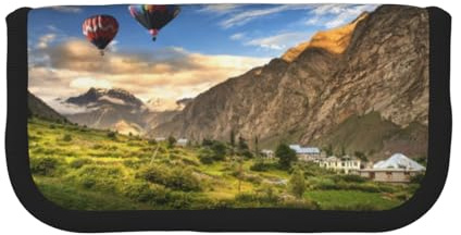 CHANGLEI Mountain Hot Air Balloon Sturdy Canvas Pencil Case with Full-Print Design,Double Zip Closure, Black Border Contrasting Design Multi-Use Organizer