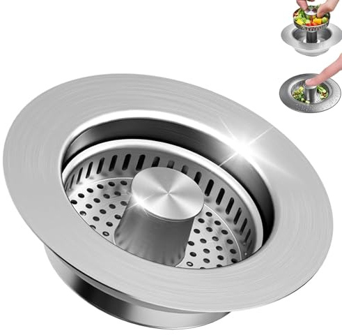 Abflusssieb Küchenspüle und Waschbeckenstöpsel, 3-in-1 Pop-Up Edelstahl Spülbecken Sieb für Spülbecken Bohrung 75-86 mm, Tiefe > 40 mm, Abflussstopfen mit Anti-Verstopfungs-Korb
