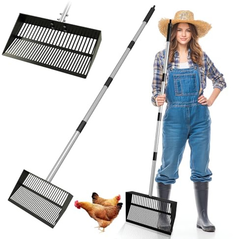 RAYGARD Pala para Excrementos de Gallina Grande 38cm, 95 a 162 cm Ajustable Gallinero Pala con Ropa de Trabajo, Metal Negro Pala Tamiz Multifuncional para Gallinas Corral, Animales Granja