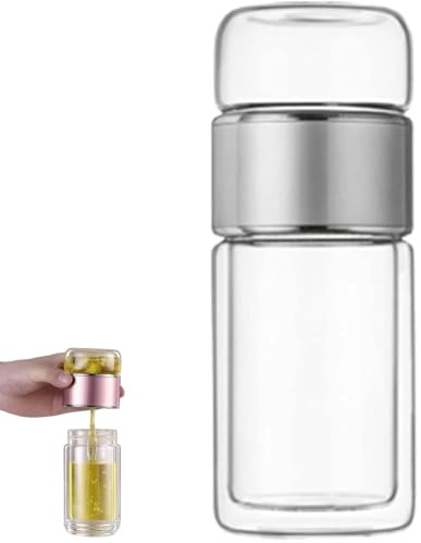 Tryteava Glas-Tee-Ei, 3-in-1 Smart-Tee-Ei mit doppelwandigem Glas und 304 Edelstahl-Filter, tragbar, auslaufsicher, für lose Teeblätter für Zuhause oder Reisen (Silber, 500 ml)