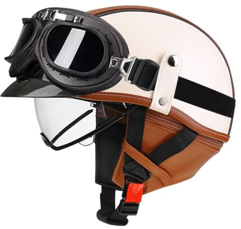 Caschi Jet E Demi-Jet Moto Stile Vintage Caschi Cromwell Con Visiera Pelle Casco Motociclista Mezzo Casco Per Uomini Donne Omologato ECEDOT Casco A Scodella Per Scooter 2,XL:61-62CM