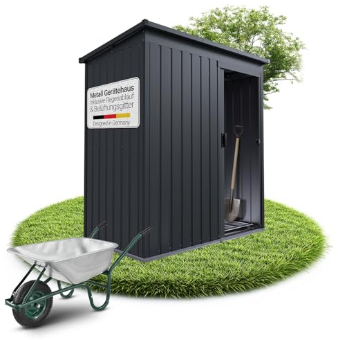 Juskys Geräteschuppen Metall S – Gartenhaus & Gerätehaus mit Schiebetür, Fundamentrahmen & Schloss, wetterfester Gartenschrank zur Aufbewahrung – Dunkelgrau