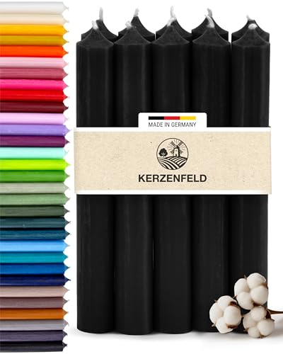 Bunte Stabkerzen Durchgefärbte, 10 Stück, 180mm x 22mm, Spitzkerzen, 8+ Stunden Brenndauer, Made in Germany - Ohne Tropfen & Rußen - Unparfümierte und RAL-Zertifizierte Tafelkerzen (Schwarz)