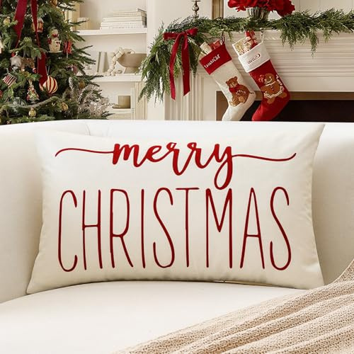 Artscope 1er Set Weihnachten Kissenbezüge 40x60cm Merry Christmas Zierkissenbezug Wohnkultur Dekokissen Kissenhülle Sofakissen für Sofa Schlafzimmer (Weiß Rot)