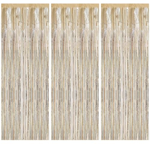 Fudioten Lametta Vorhang Gold, 1 x 2m Glitzervorhang Lametta Glitzer Party Vorhang Geburtstag Tinsel Curtain 3 STK für Party Hochzeit Dekor