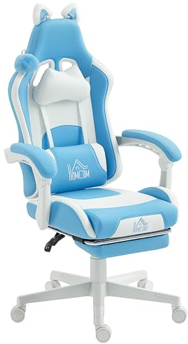 HOMCOM Sedia Gaming Ergonomica con Orecchie da Gatto Reclinabile Azzurro | Poltrona Gaming Ufficio, Finta Pelle, Poggiapiedi, Poggiatesta, Altezza Regolabile, Supporto Lombare e Cervicale