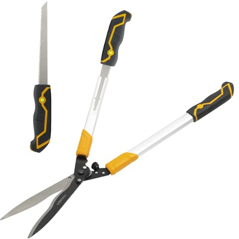 TOOLMAYS Cortasetos de 78 cm, tijeras de jardín con sierra de mano de 21 cm, tijeras profesionales para setos de jardín manuales con diseño de cabeza en ángulo de 20 °