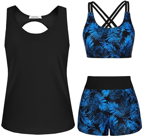 JASAMBAC Maillot de bain tankini 3 pièces pour femme avec débardeur et haut de bikini