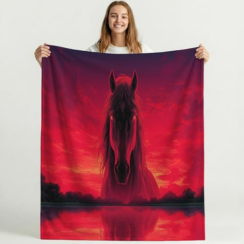 Flauschig-weiche Kuscheldecke 130 x 150 cm aus Mikrofaser, XL Warme Decken Bordeauxrot für Couch, Klein Fleecedecke Anime Thriller Pferd mit Atmungsaktives Material
