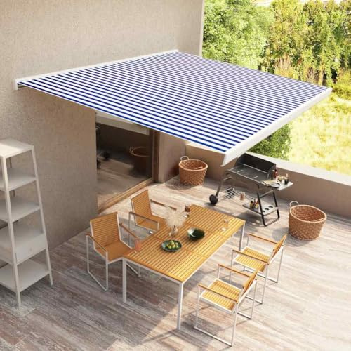 Elektrisk kassettmarkis med motor, 400 x 300 cm, blå-vit randig, för terrass och balkong, UV-skydd, vattenavvisande, pulverlackerad aluminium