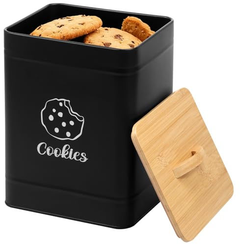 Anihet 6L Cookie Jar with Bamboo Airtight Lid & Handle, Large Mental Biscuit Container Jar, Cute Cookie Tin Ktichen Biscuit Barrel Box for Cookies, Dessert, Rustic Home Decor(Black)